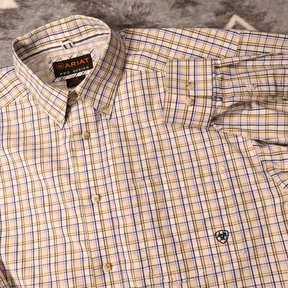 Ariat Pro Series Plaid Button Down Shirt Tan Blue Yellow Mens Large